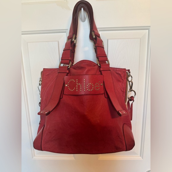 Chloe Handbags - Chloe Patsy Leather Studded Logo Red Tote COA